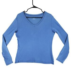 Vtg Eddie Bauer Vneck TShirt M Womens Blue‎ Long Sleeve Preppy y2k 90s